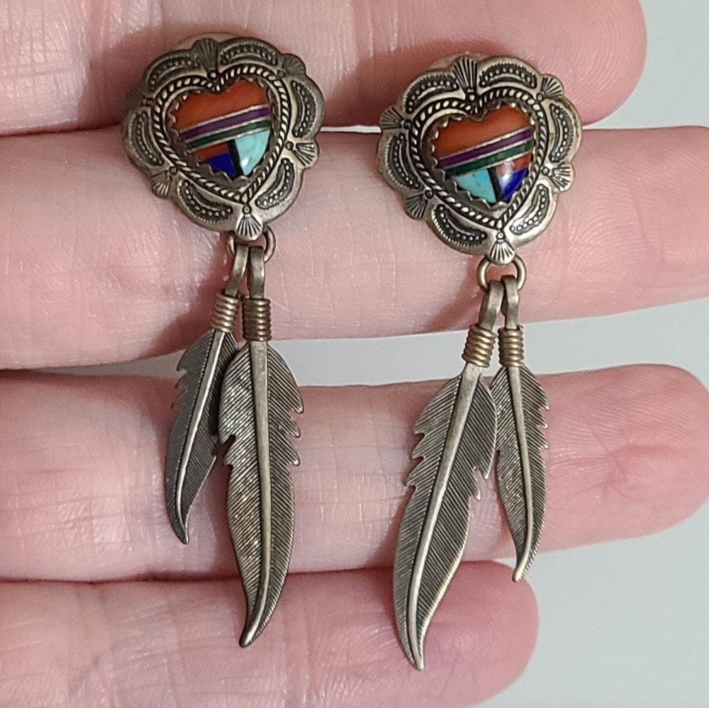 70's ? vintage native Style Q.T.  feather heart gemstone earrings Southwestern